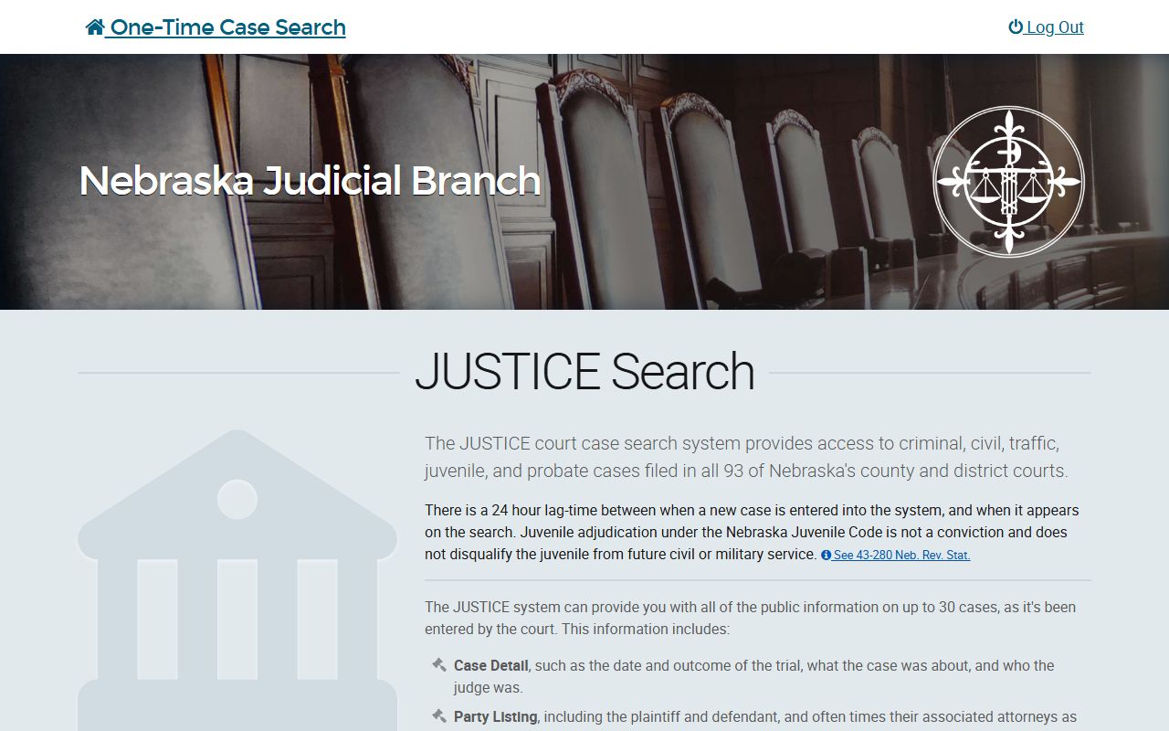 Nebraska JUSTICE One-Time Case Search start page and fee notice